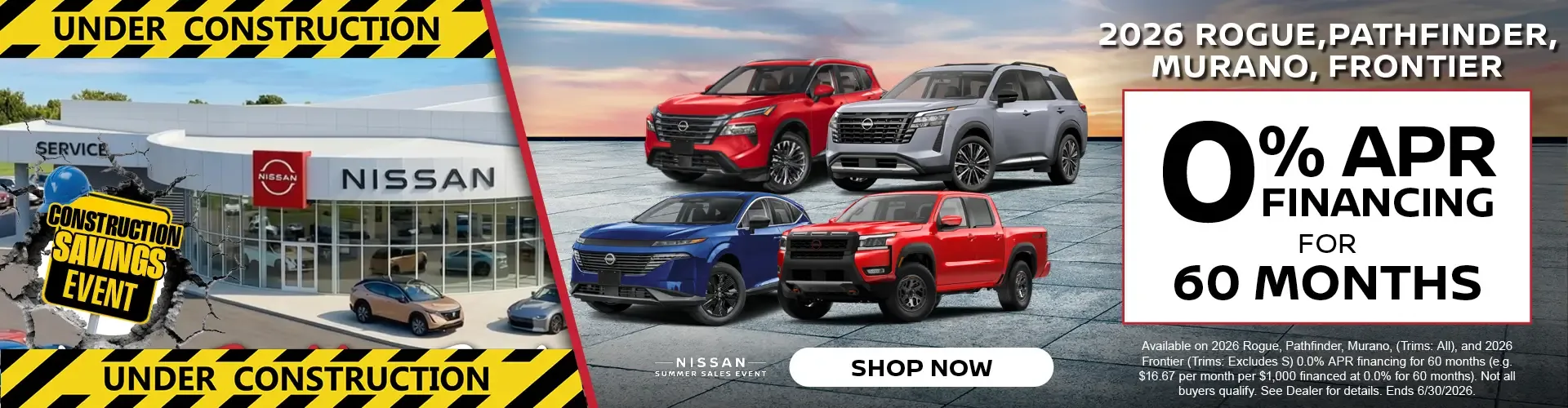 Bella Nissan of Venice zero percent financing for 60 months on the 2026 Rogue, Pathfinder, Murano, and Frontier.